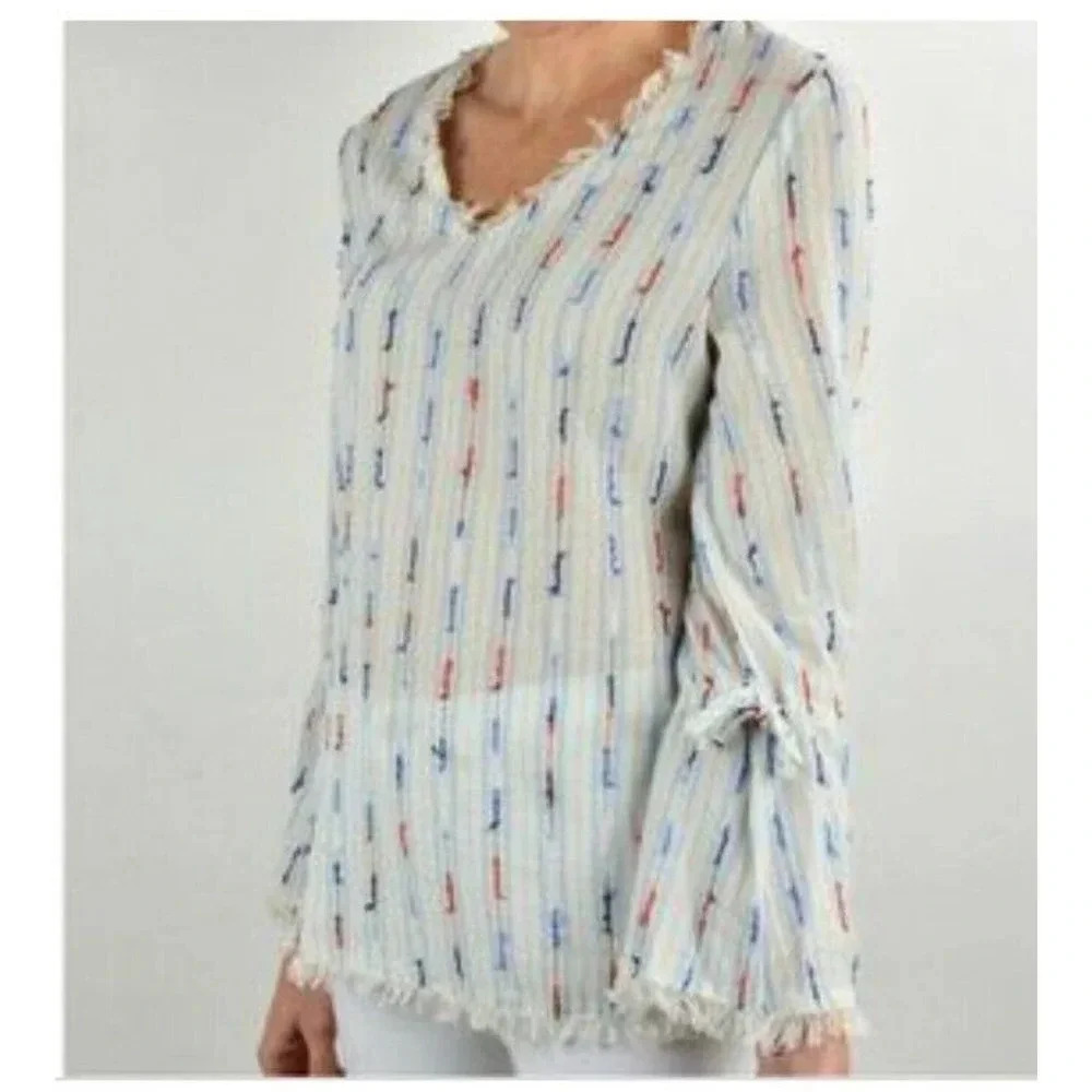 Anthropologie Drew Long Sleeve Boho Stripe Top Fringe Hem V-Neck Size S